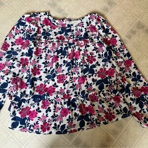LOFT White Floral Blouse with Pink and Navy